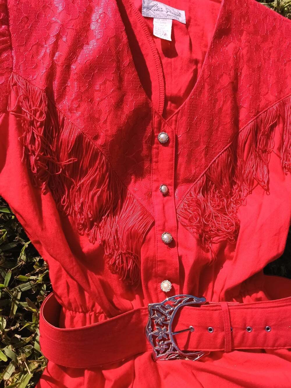 LILIA SMITY Vintage Western Dress Cowgirl Maxi Red Fringed Stud Buttons 9/10 - Picture 4 of 11